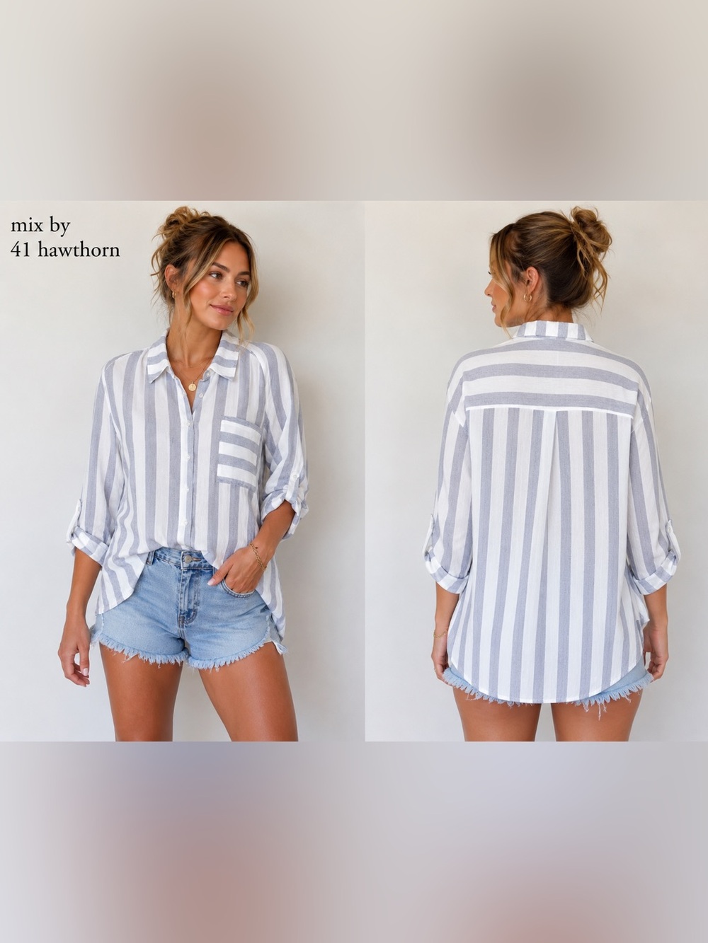 Mix by 41 Hawthorn XXL Gray White Striped Button Shirt 100% Rayon Oversized Top